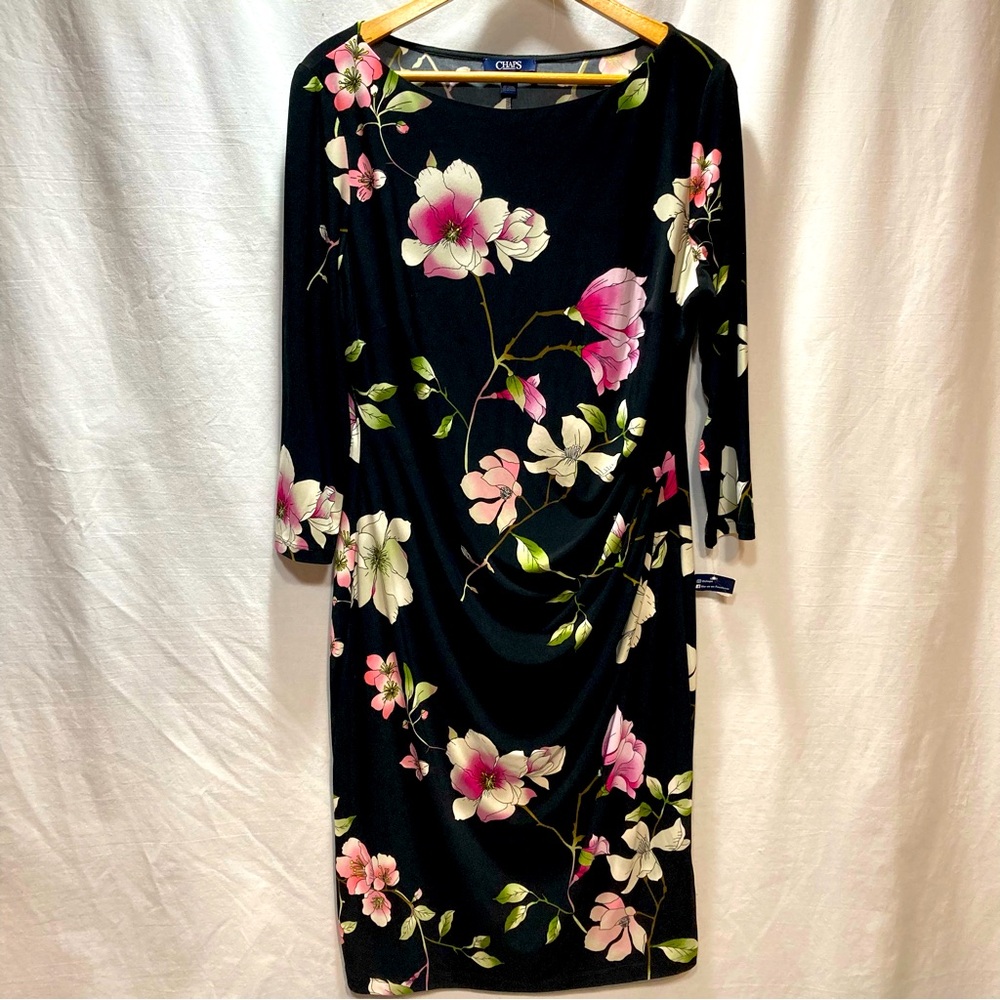 CHAPS BLACK FLORAL PULL OVER RUCHING STRETCHLIGHTWEIGHT MIDI DRESS NWT SIZE XL
